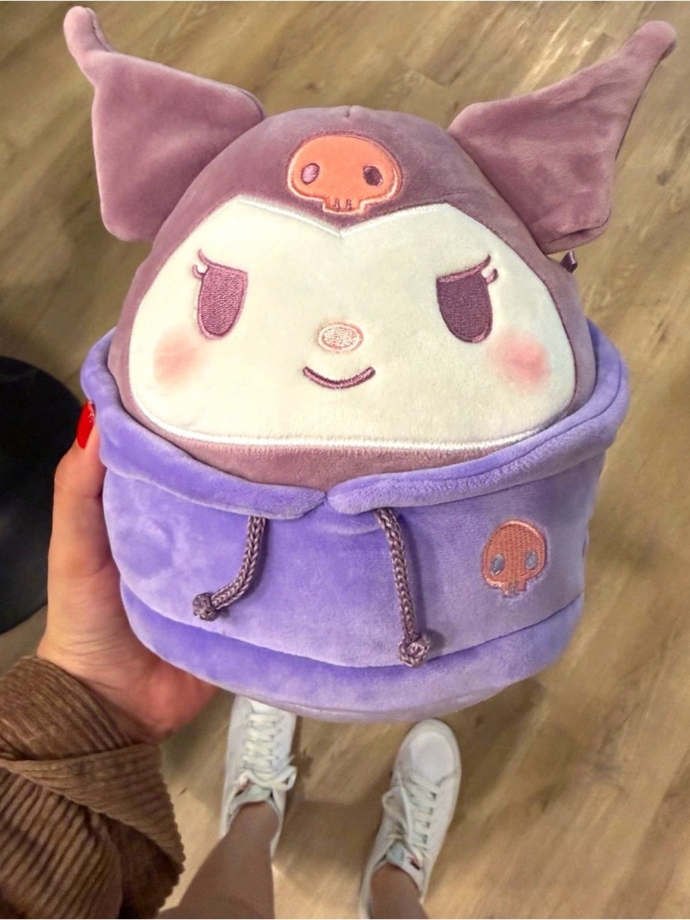 Plush Purple Character Hooded Kids Bag with Cute Skull Accent